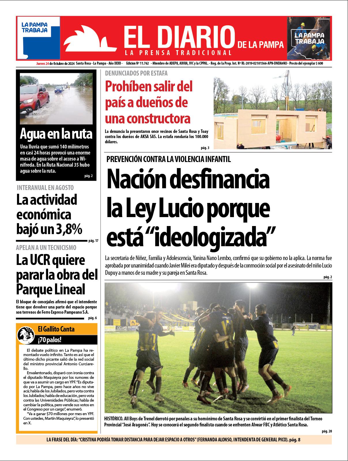 Tapa de El Diario en papel  jueves 24 de octubre de 2024